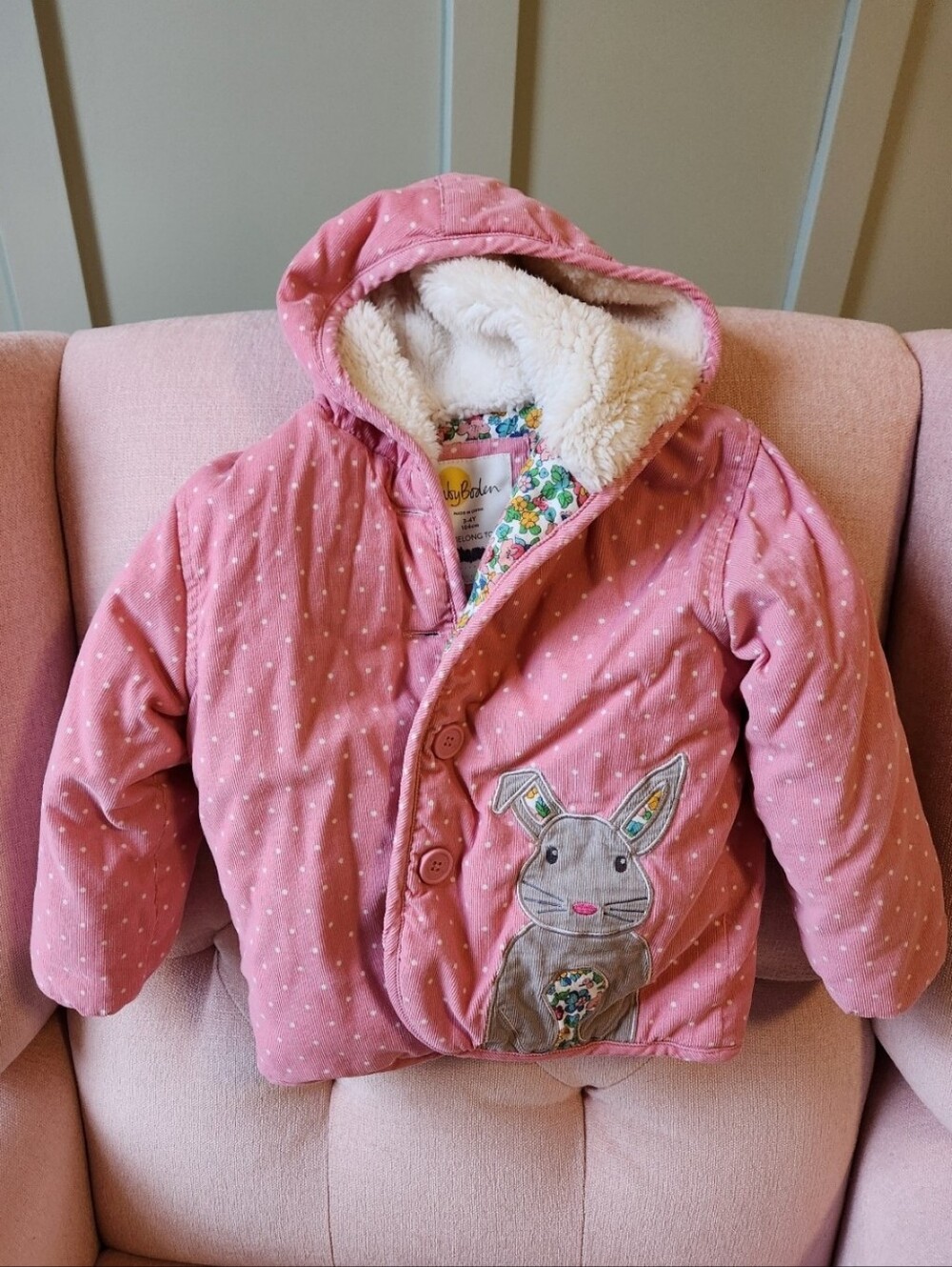 Baby Boden 3-4 Pink Dot Hooded Bunny Rabbit Coat Jacket 3t 4t